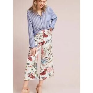 PatBO Women's Cropped Fish Print Wide Leg Pants 10 Flowy High Rise
